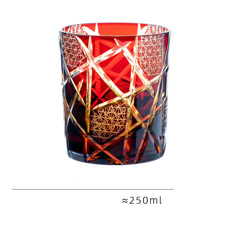 Japanese Royal Special Retro Wine Tumbler, Hand Cut, Flashing Lightning Design, Amber Whiskey Glass, High End Gift Box, Edo Kiri